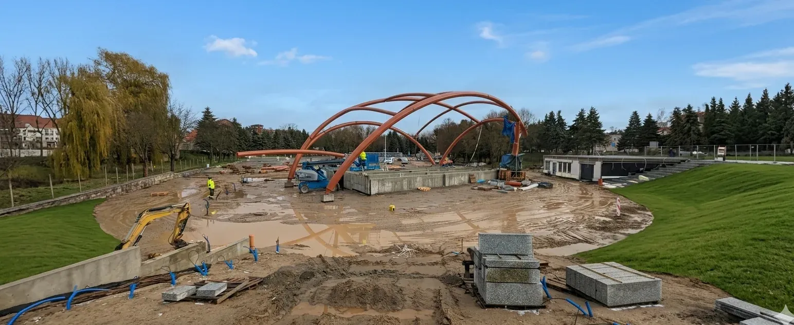 Konstrukcja stalowa hali przemysłowej w trakcie montażu