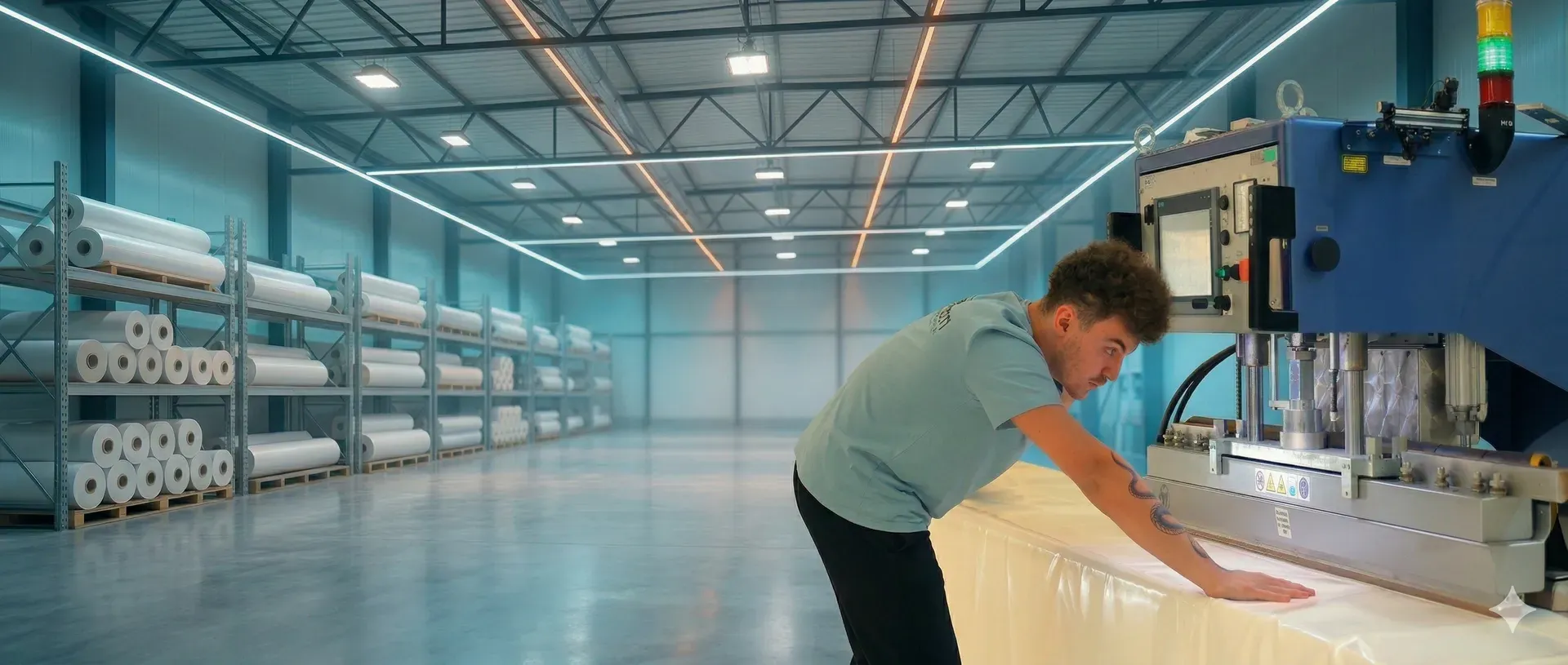 Zgrzewarka FIAB w hali produkcyjnej Abastran — obróbka materiałów membranowych